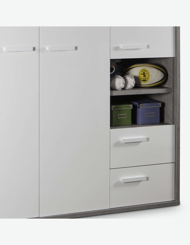 Pedri - Kleiderschrank aus Holzdekor in der Farbe Beton / weiß glanz, mit 3 Türen, 2 Schubkästen und 2 offene Fächer 2