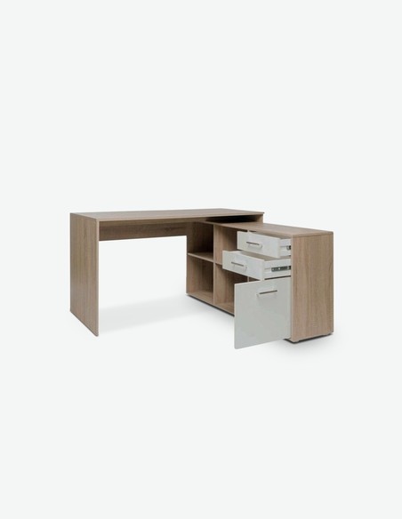 Leon - Schreibtisch - Eiche Sonoma / weiß Dekor Schubkasten offen