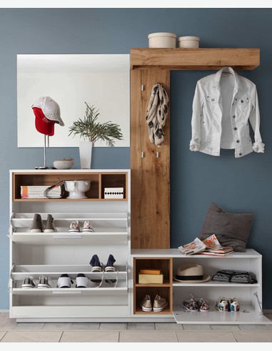 Milani - Kompaktgarderobe aus Holzdekor, farbe Wildeiche / weiß
