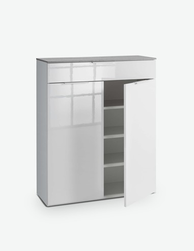 Cinzia - Schuhschrank mit 1 Schubkasten und 2 Türen, aus Holzdekor in weiß Hochglanz / grau (Beton Nachbildung) 2