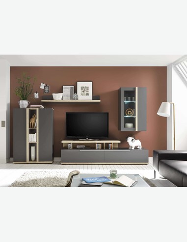 Torre - Wohnwand mit integrierter LED Beleuchtung, aus Holzdekor in der Farbe grau / Cleveland Eiche