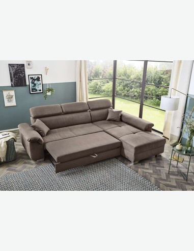 Gamano - Ecksofa aus Mikrofaser braun, mit Schlaffunktion und integriertem Bettkasten