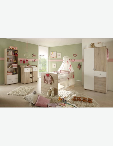 Werni - Kinder-/ Babyschrank mit 2 Türen und 3 Schubkästen aus Holzdekor, in der Farbe Eiche Sonoma / weiß