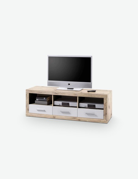 CanCan - TV Möbel aus Holzdekor mit 3 Schubkästen und 3 offenen Fächer, in der Farbe Eiche Sonoma / weiß Hochglanz