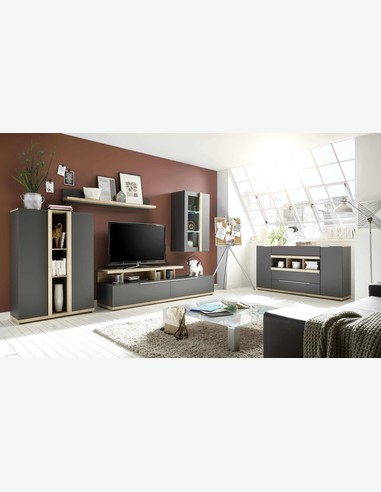 Torre - Wohnwand mit integrierter LED Beleuchtung, aus Holzdekor in der Farbe grau / Cleveland Eiche