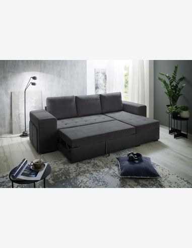 Harbo - Ecksofa aus anthrazitfarbenem Mikrofasergewebe, mit integriertem Bettkasten, Schlaffunktion und 2 x Hockern