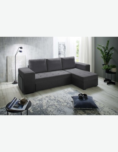 Harbo - Ecksofa aus anthrazitfarbenem Mikrofasergewebe, mit integriertem Bettkasten, Schlaffunktion und 2 x Hockern 2