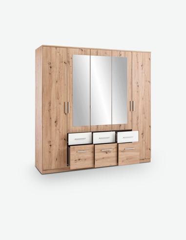 Floriana - Drehtürenschrank mit 2 Holz-, 3 Spiegeltüren und 6 Schubkästen
