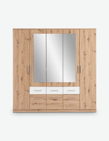 Floriana - Drehtürenschrank mit 2 Holz-, 3 Spiegeltüren und 6 Schubkästen