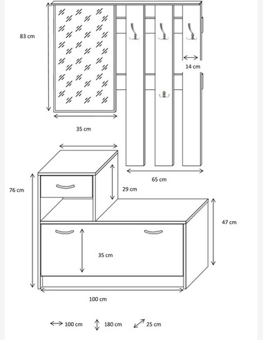 Rudolf- Wandgarderobe mit Spiegel, 3 Kleiderhaken und Schuhkipper Maße